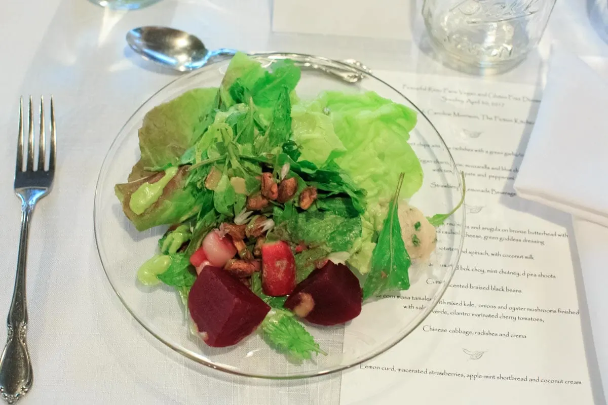 Peaceful River Farm Vegan Dinner by Fiction Kitchen - pickled beet salad with green goddess dressing