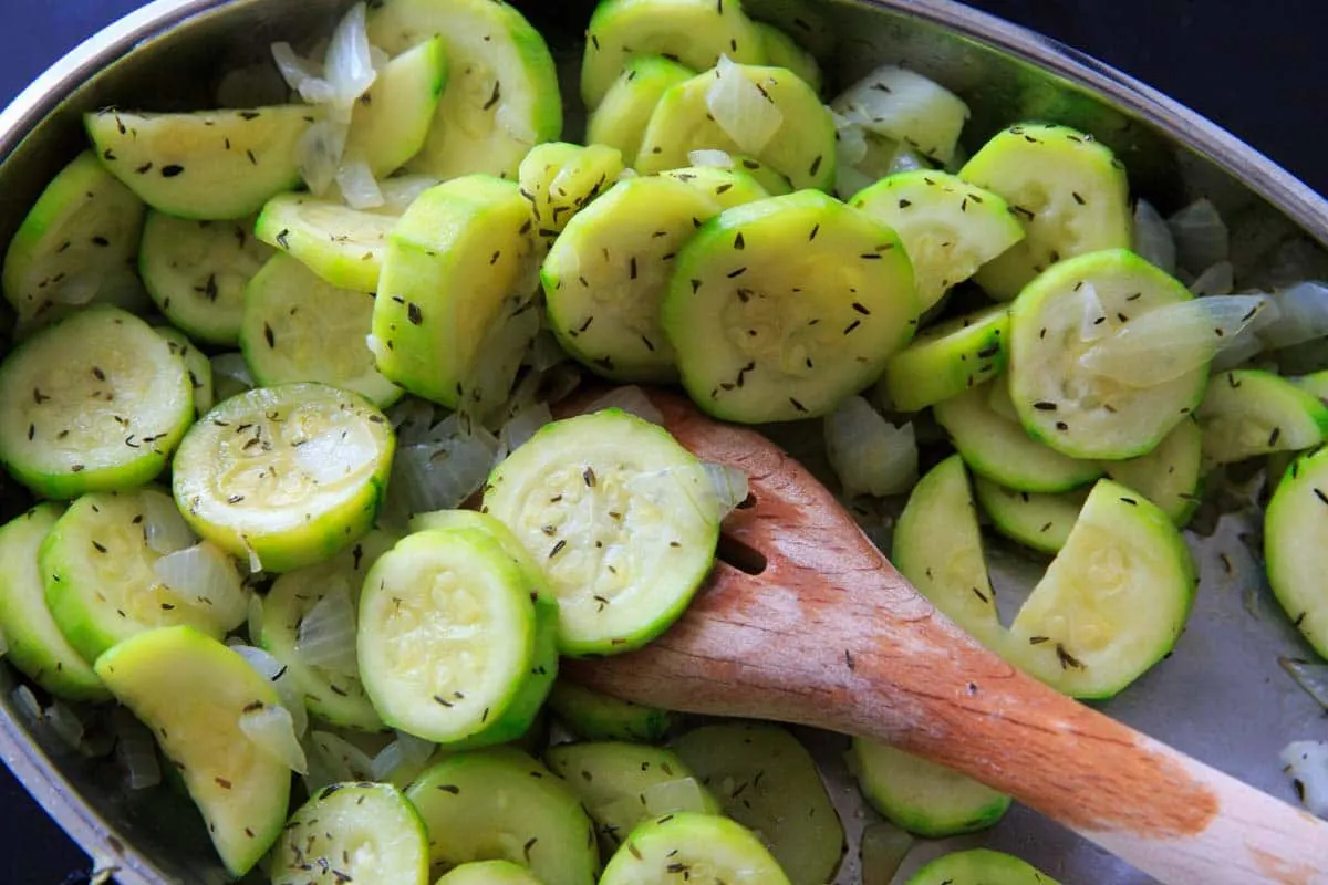 Zucchini, onions and thyme pan roasted. Getting ready to add to the zucchini pasta casserole.