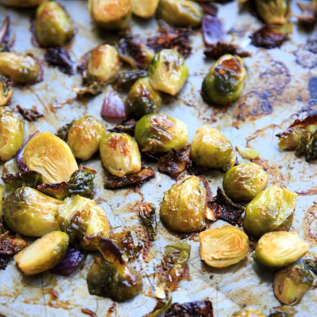 Bang Bang Brussels Sprouts. Easy and spicy side to liven up your veggies. (Pictured is brussels sprouts after roasting.)