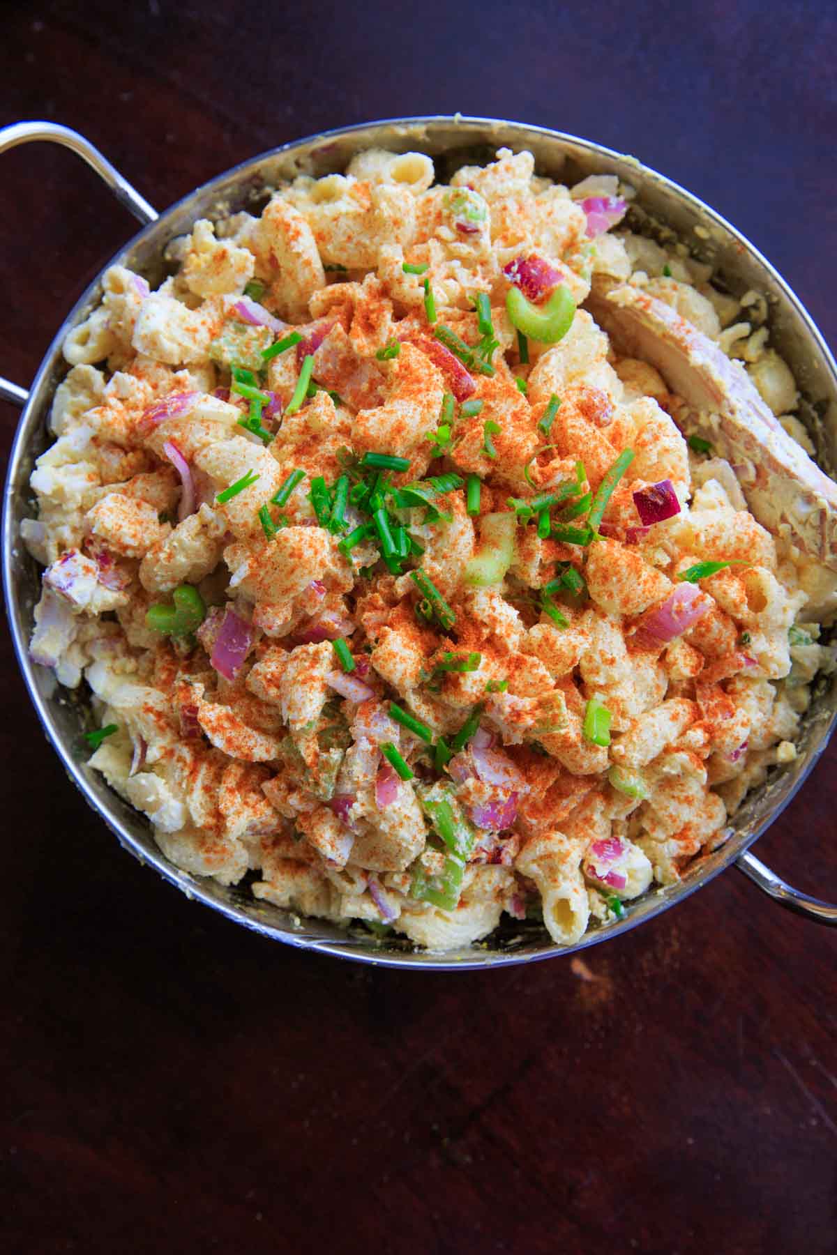 Deviled Egg Pasta Salad in serving bowl