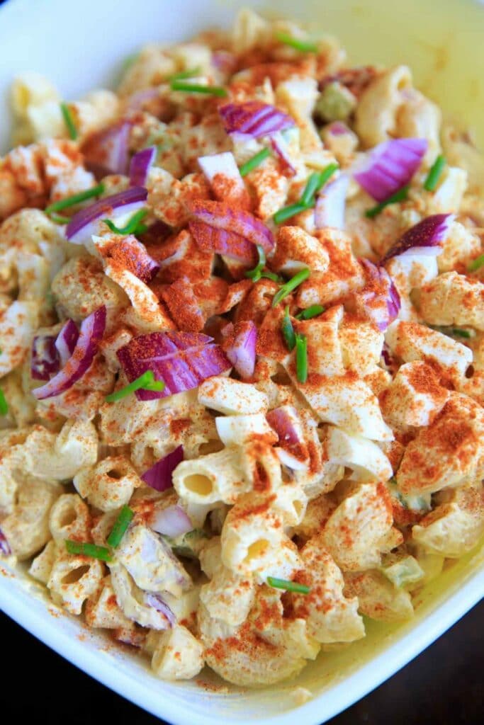 Deviled Egg Pasta Salad with macaroni and lots of paprika.