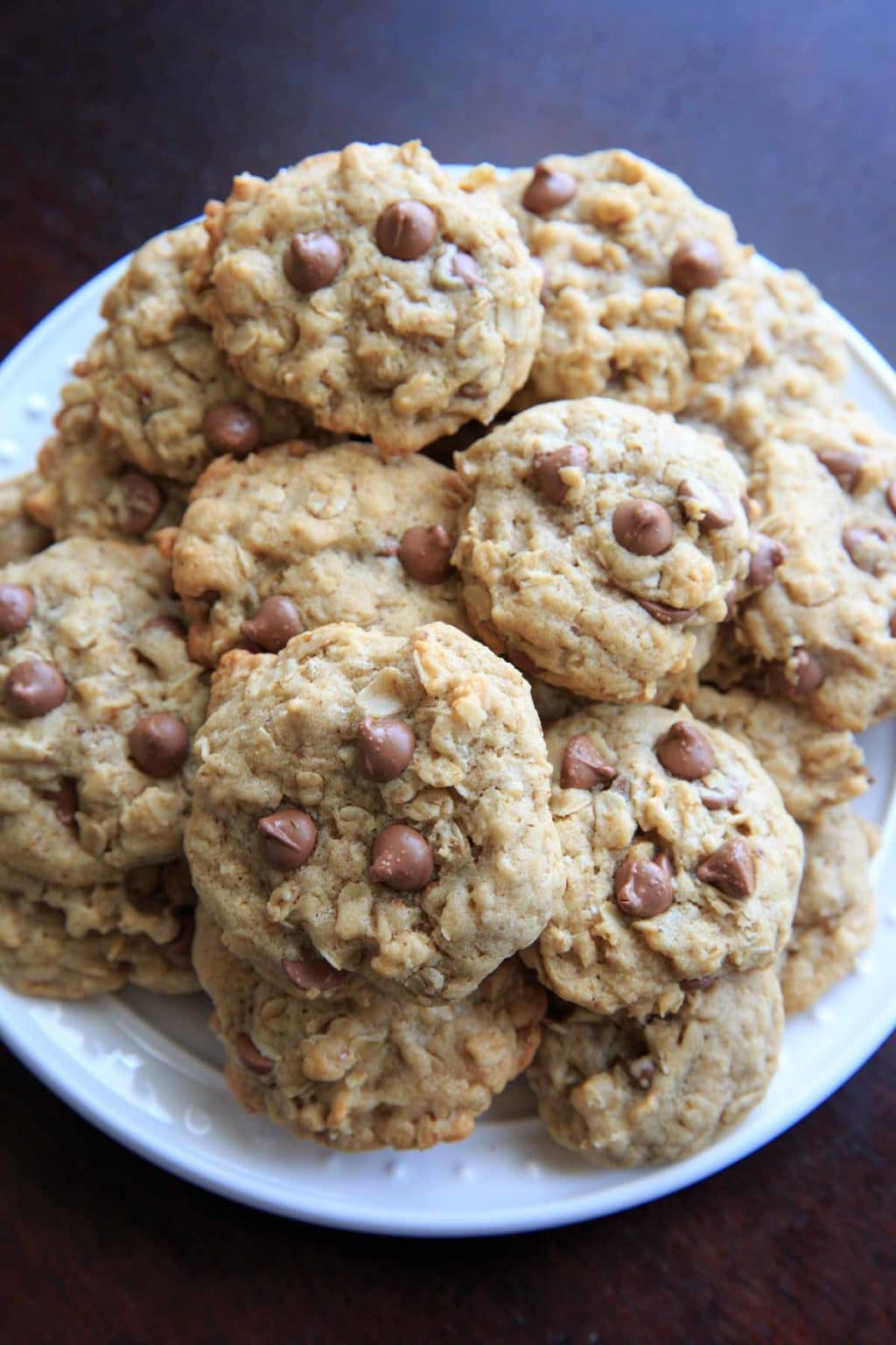 Lactation cookies with chocolate chips, oats, brewers yeast and flax meal piled on a plate