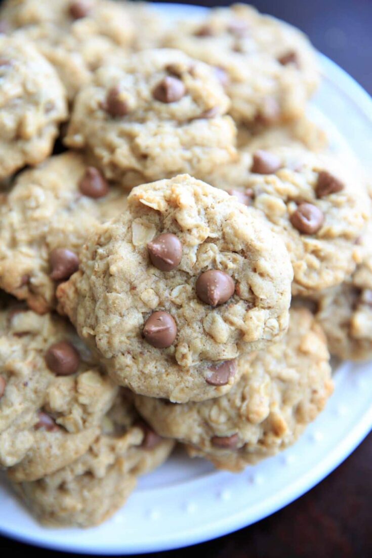 Lactation cookies with chocolate chips, oats, brewers yeast and flax meal.