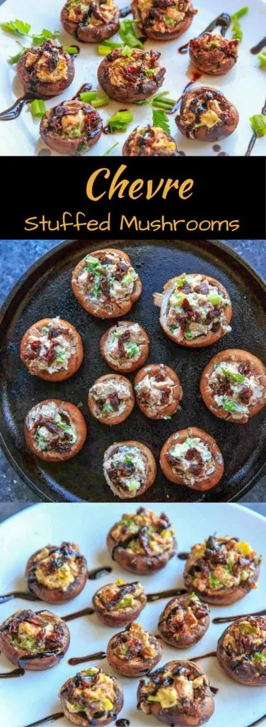 Chevre Stuffed Mushrooms with Sun-dried Tomatoes are an easy finger food or appetizer that is full of flavor! Option to mix it up with different flavors of goat cheese or sprinkle with herbs and balsamic vinegar.