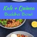 A customizable vegan friendly and gluten-free kale and quinoa buddha bowl. With tomato, avocado, black beans, corn, and more!