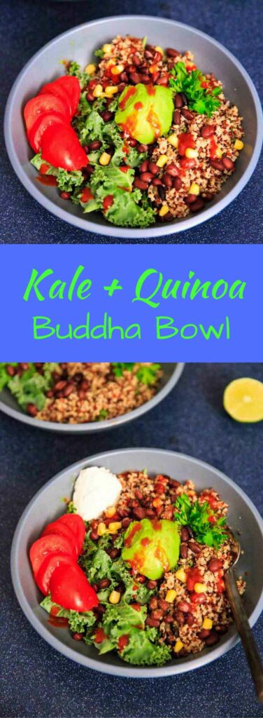 A customizable vegan friendly and gluten-free kale and quinoa buddha bowl. With tomato, avocado, black beans, corn, and more!