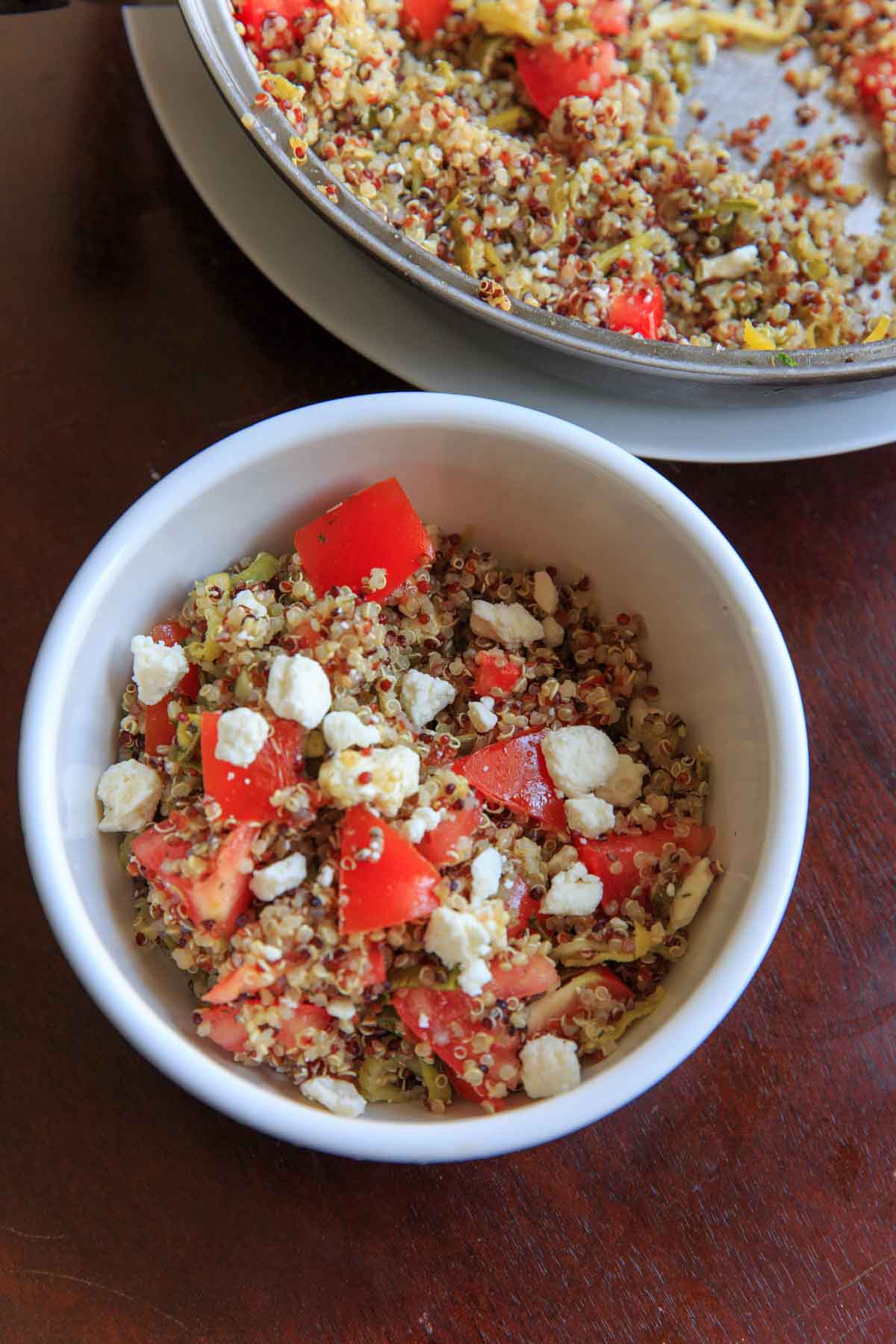 Spiralized Zucchini Quinoa Tomato Salad. Eat as a side or a meal, cold or hot! Healthy, vegetarian, delicious.