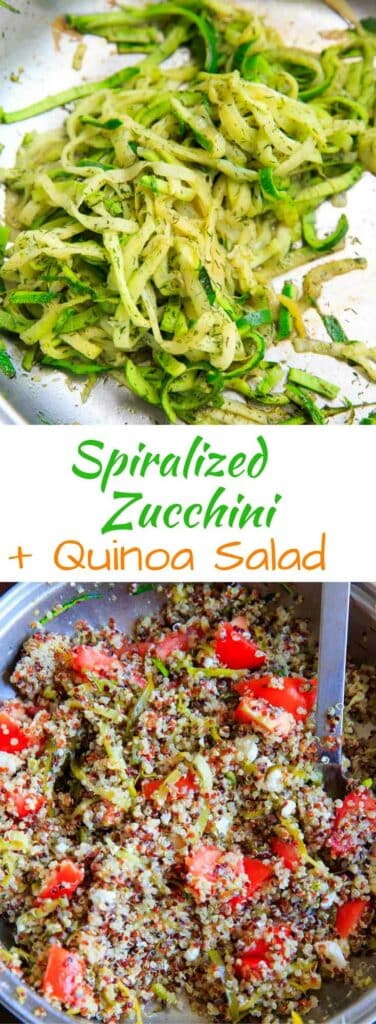 Spiralized Zucchini Quinoa Tomato Salad. Eat as a side or a meal, cold or hot! Healthy, vegetarian, delicious.