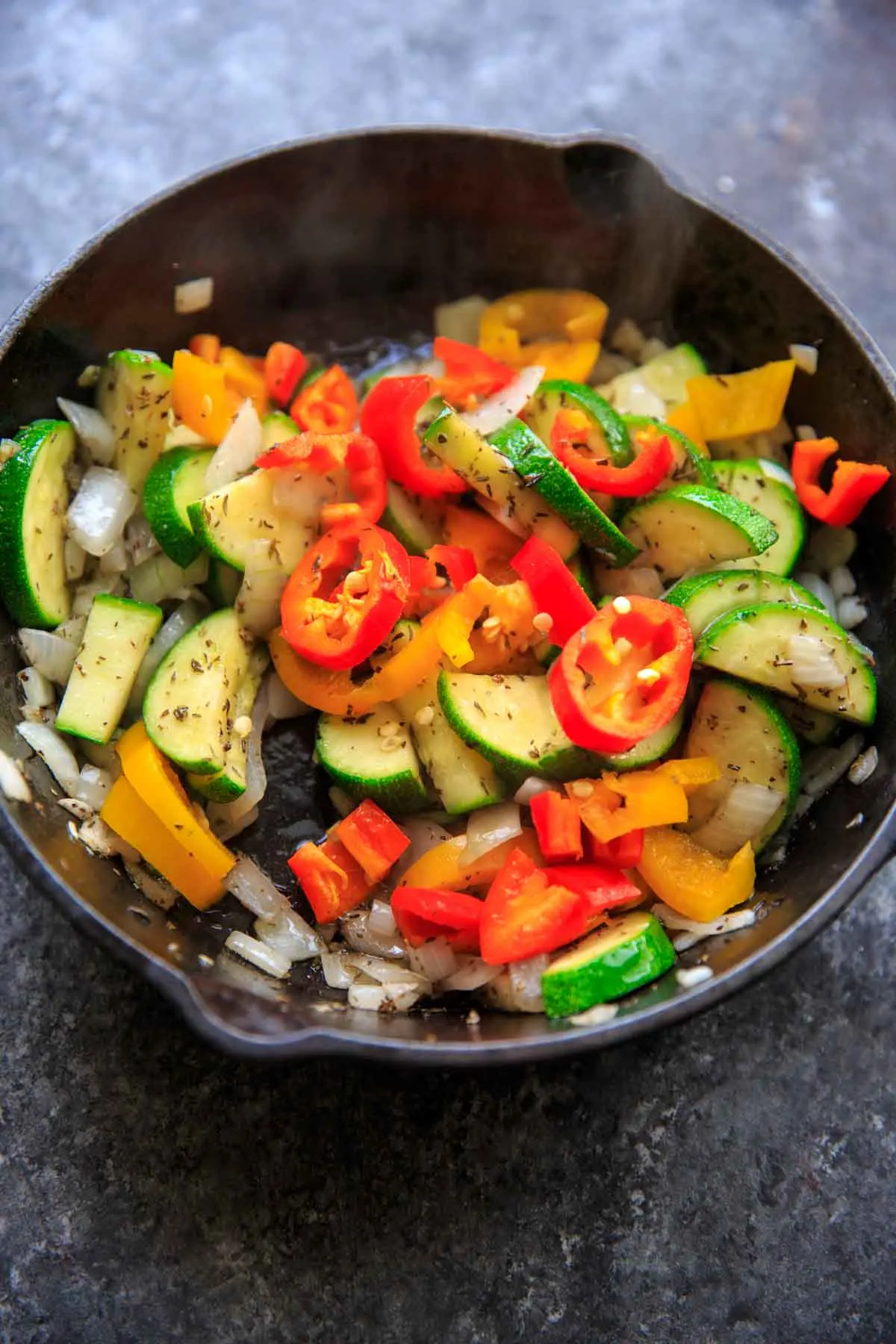 Sauteed vegetables with zucchini, onion, mini sweet peppers