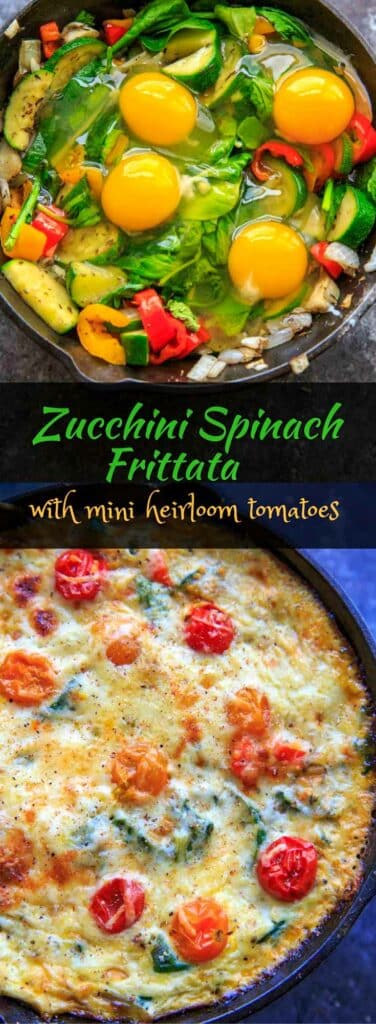 Zucchini Spinach Frittata with Mini Heirloom Tomatoes. Quick and easy meal to whip up for brunch or breakfast for dinner!