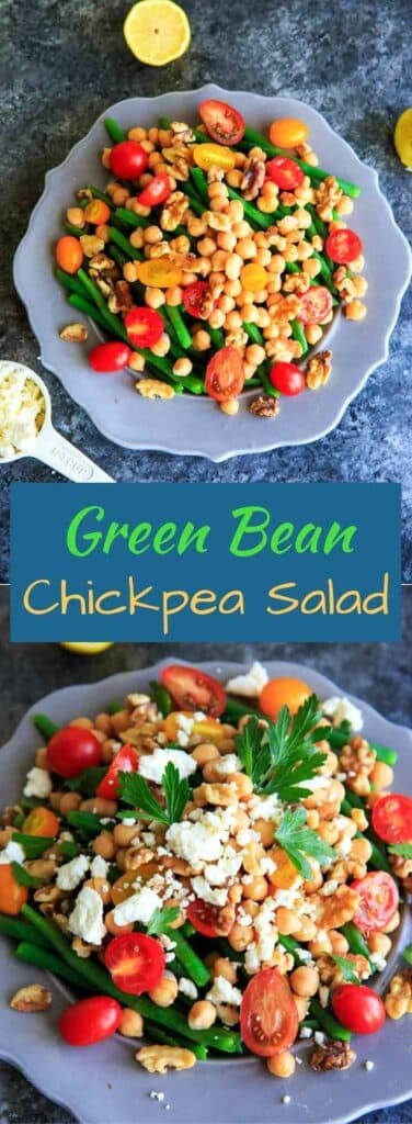 Green Bean Chickpea Salad with tomato, walnuts, feta cheese, parsley and lemon. A great appetizer or side dish for dinners or holiday gatherings!