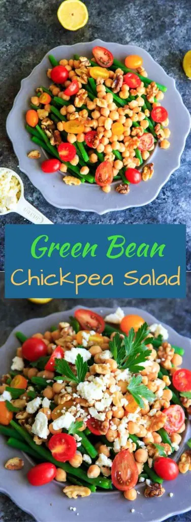 Green Bean Chickpea Salad with tomato, walnuts, feta cheese, parsley and lemon. A great appetizer or side dish for dinners or holiday gatherings!