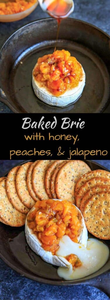 Peach Jalapeno Honey Baked Brie - a delicious party appetizer or game time food. Dip with crackers or veggies!