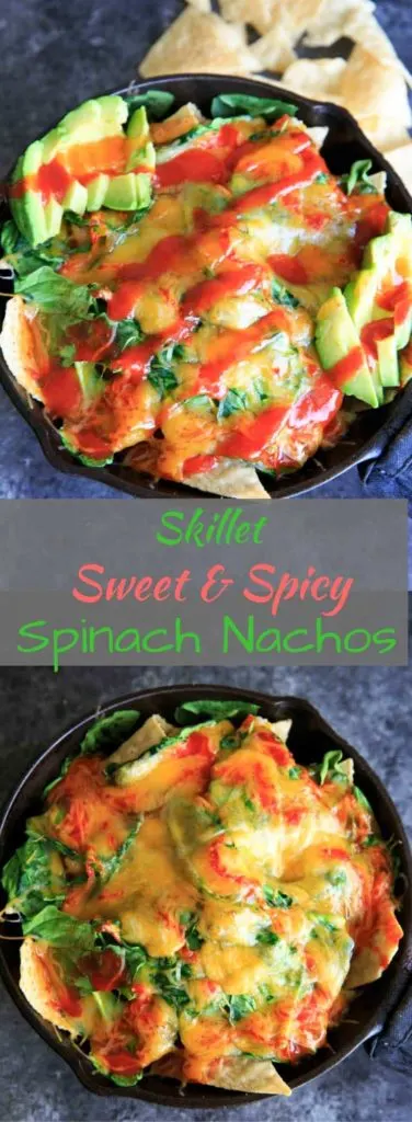 Sweet and spicy oven-baked spinach nachos served up in a cast iron skillet. A great party snack, meal for 2 (or 1!) that has a little extra nutrition with greens.