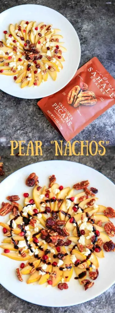 Sweet and savory pear nachos with glazes pecans, chevre cheese, pomegranate seeds and balsamic. A unique no-bake snack or dessert!