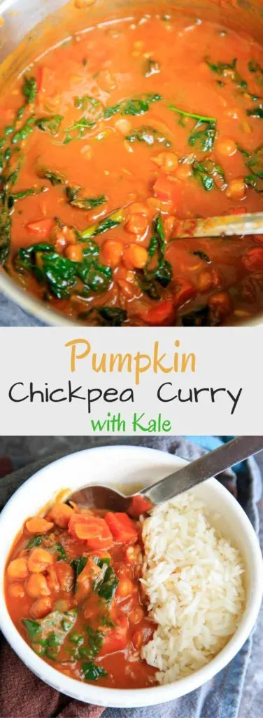 Pumpkin Chickpea Curry with Kale, served with rice or quinoa. It's a hearty vegan and gluten-free meal perfect for the colder months!