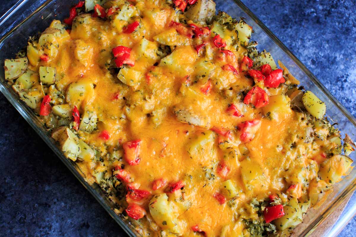 Landscape of baked potato casserole dish