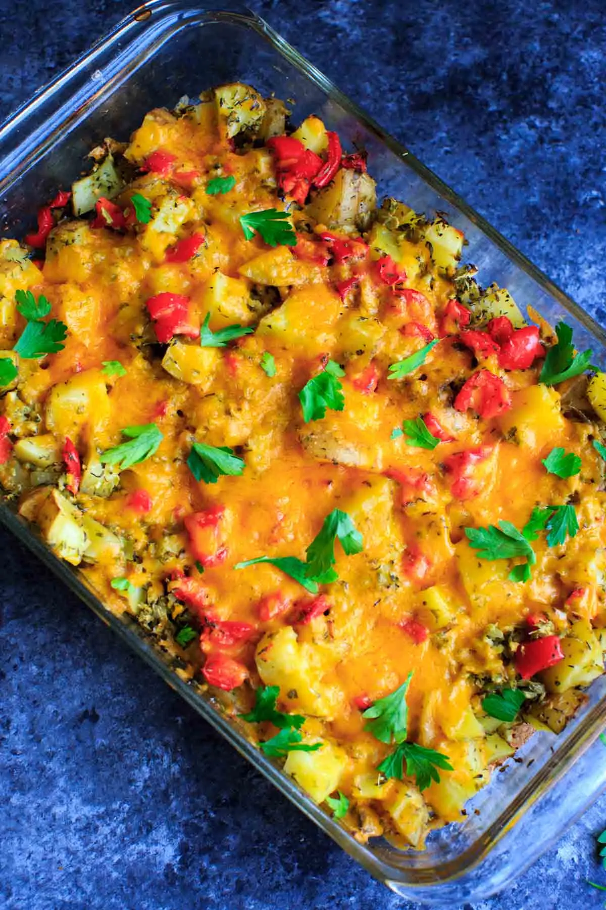 Broccoli and cheese baked potato casserole with parsley