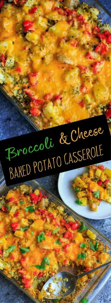 This broccoli and cheese baked potato casserole is a super easy dinner with just 5 ingredients plus spices! Vegetarian, gluten-free.