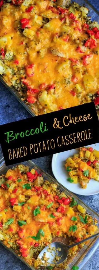 This broccoli and cheese baked potato casserole is a super easy dinner with just 5 ingredients plus spices! Vegetarian, gluten-free.