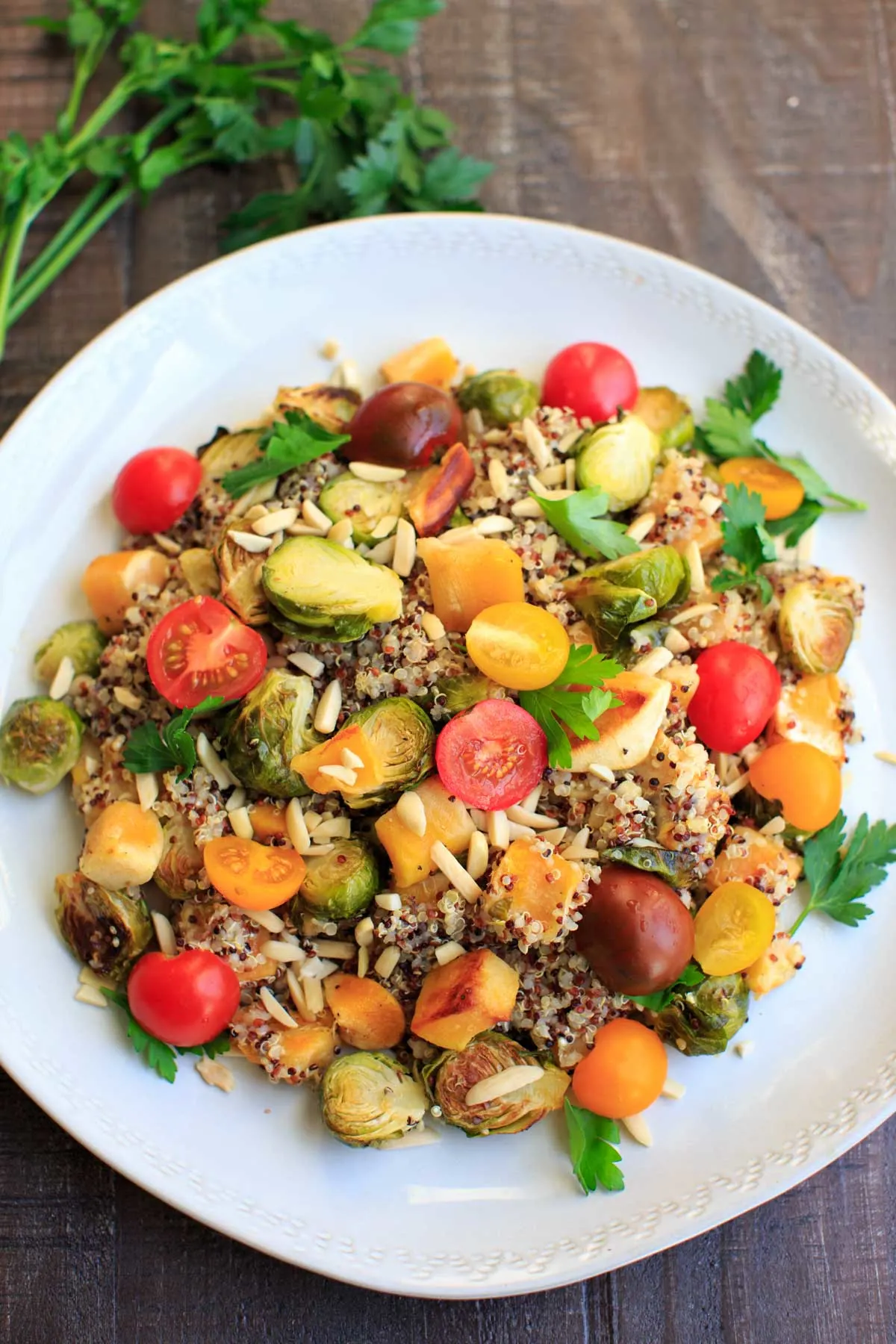 Fall Quinoa Salad on white plate and brown table