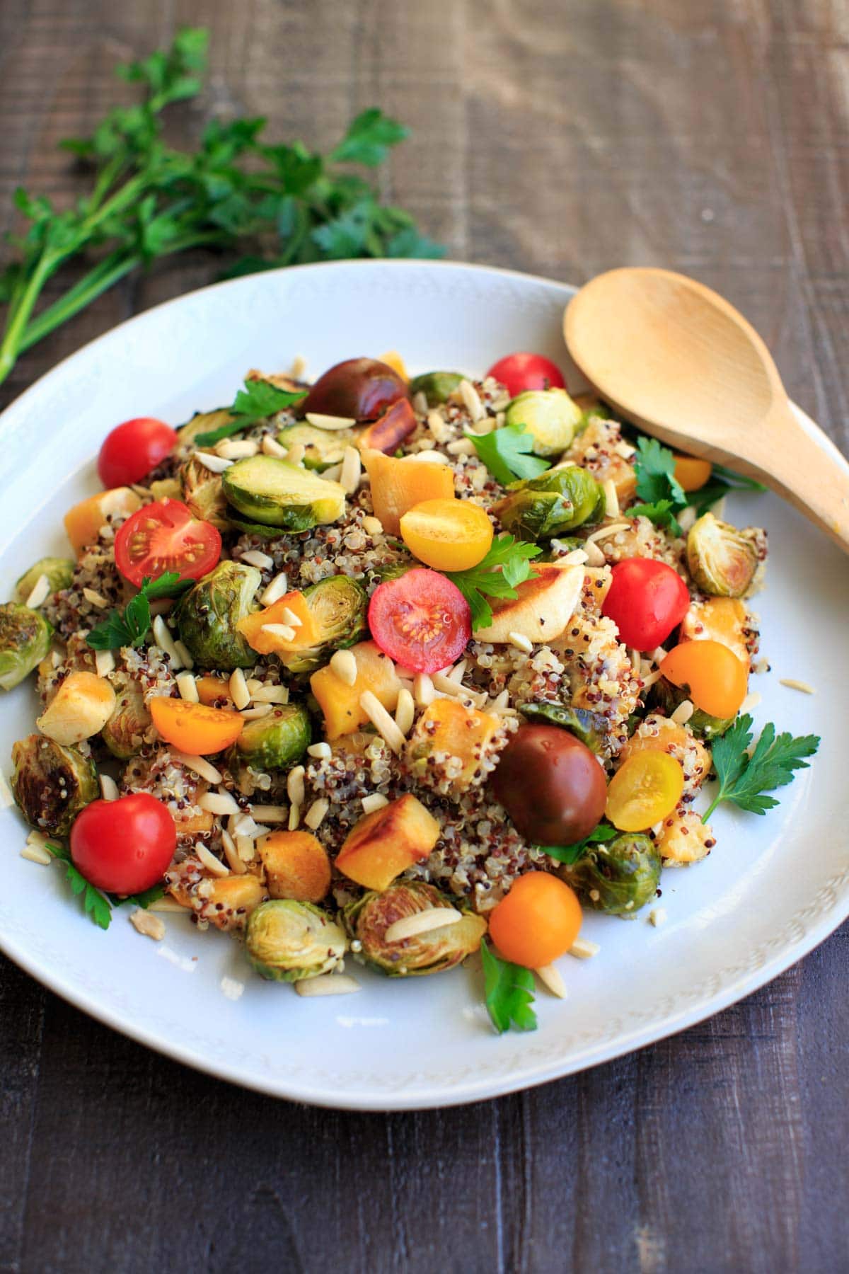 Fall Quinoa Salad with Brussels Sprouts, Butternut Squash, Tomatoes and Parsley on white serving plate