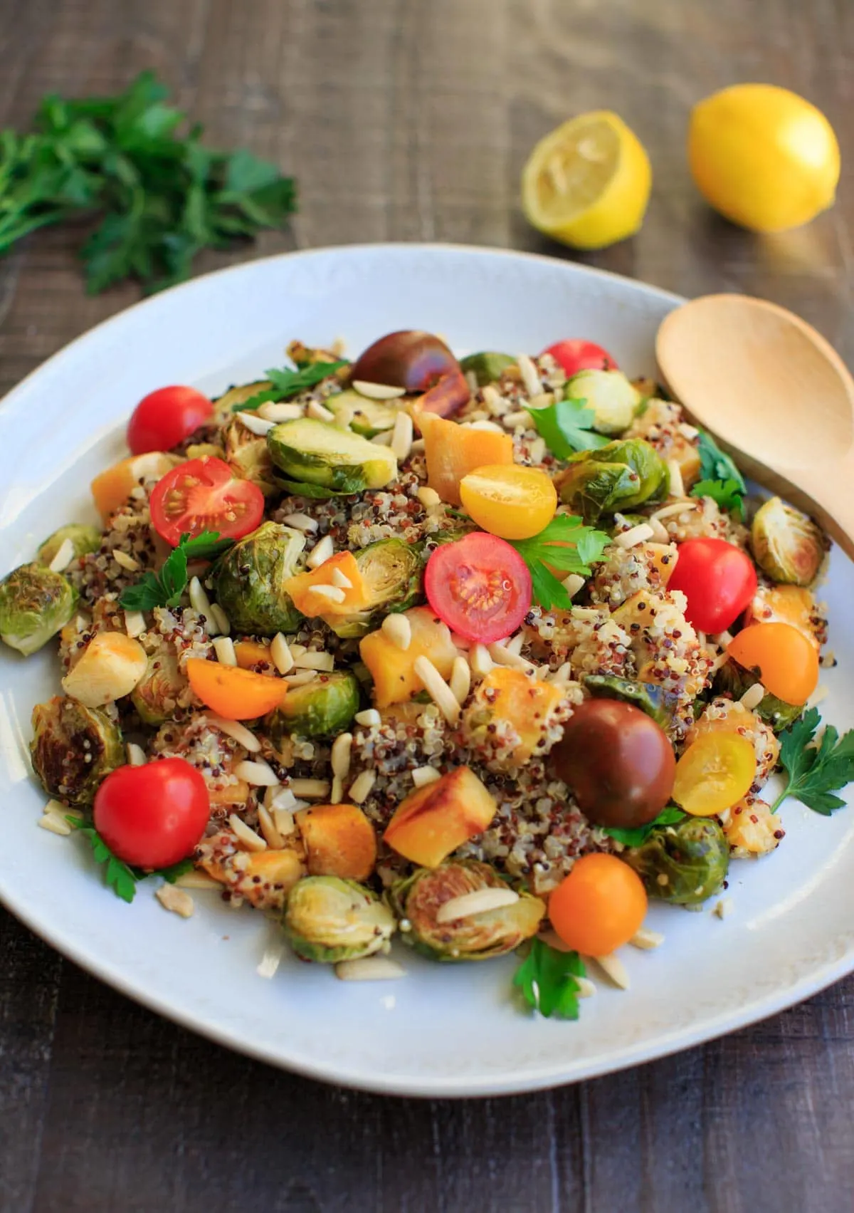 Fall Quinoa Salad on white plate with parsley and lemon in background