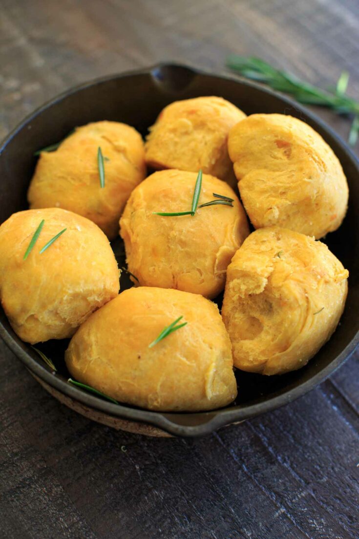 Rosemary Sweet Potato Dinner Rolls in cast iron