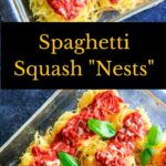 Spaghetti Squash Nests garnished with fresh basil are the perfect dinner appetizer for your guests or casserole-style dinner for your family. Customizable and delicious! Vegan-friendly and gluten-free.