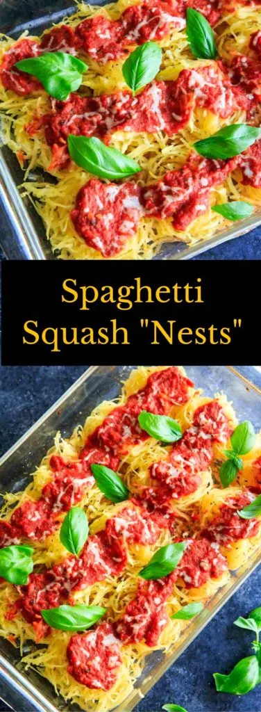 Spaghetti Squash Nests garnished with fresh basil are the perfect dinner appetizer for your guests or casserole-style dinner for your family. Customizable and delicious! Vegan-friendly and gluten-free. #vegan #spaghettisquash #squash #vegetarian #glutenfree