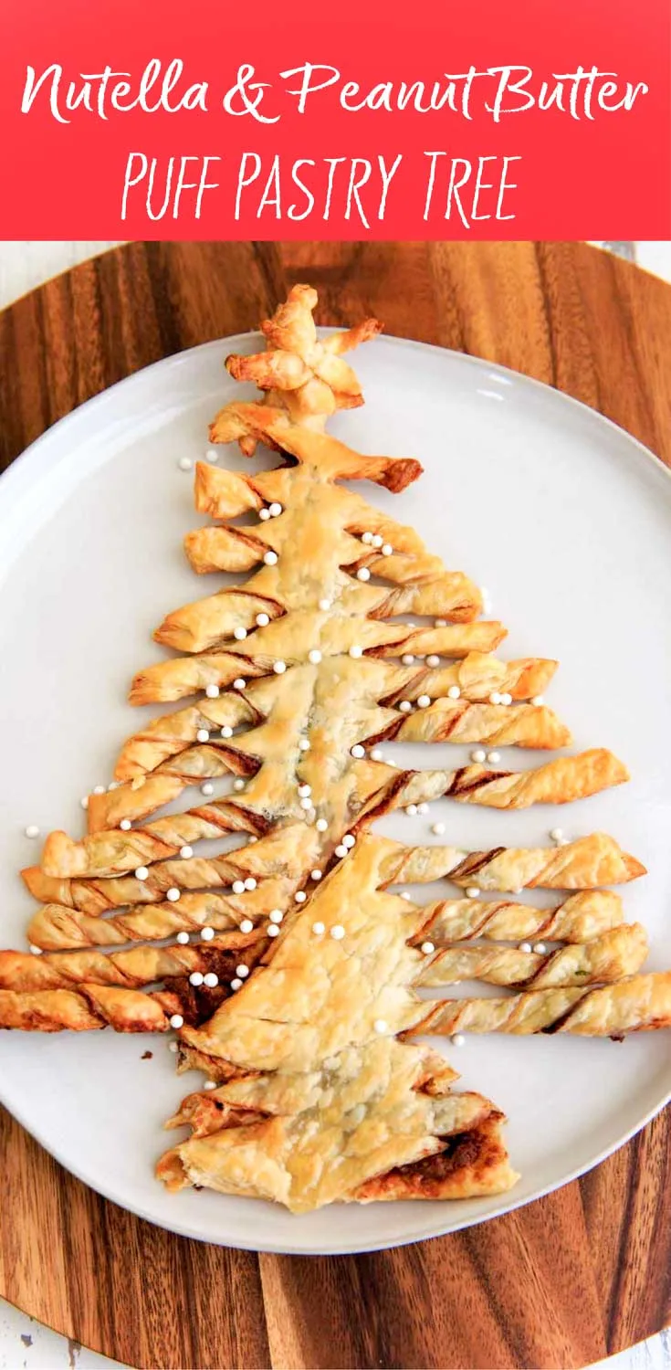 A Christmas-tree shaped dessert made with puff pastry, Nutella and peanut butter. Text overlay "Nutella & Peanut Butter Puff Pastry Tree"