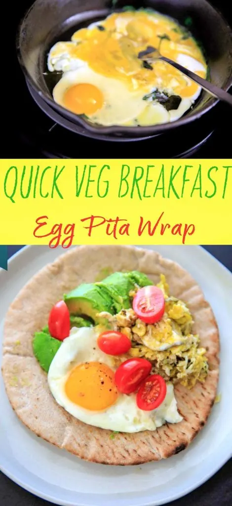 A vegetarian breakfast pita wrap that can be made in 5 minutes and is full of protein, fiber and flavor. A hot, quick breakfast idea that can be made even on busy mornings!