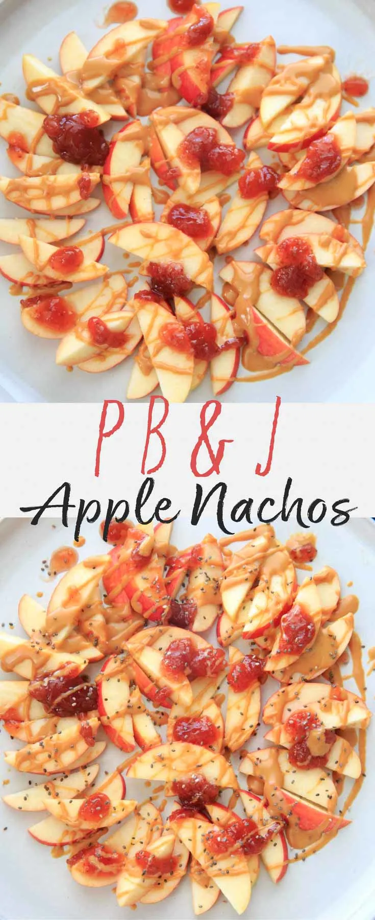 This peanut butter jelly combo on apple nachos is the perfect quick and healthy snack for kids and adults alike! Vegan, gluten-free, protein-packed, no-bake delicious treat.