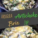 Arugula (or spinach) and artichoke brie dip, made in a cast iron skillet. A delicious and unique appetizer!