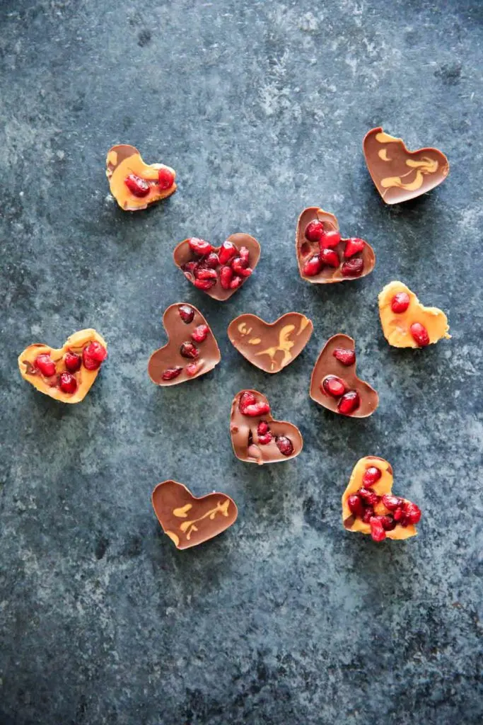 Chocolate Pomegranate Candy Recipe - all the heart shaped bites together, chocolate, peanut butter and pomegranate