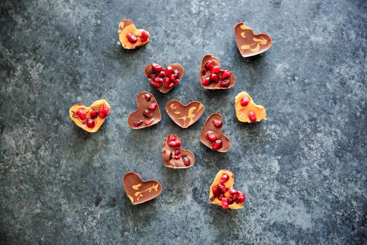 Chocolate Pomegranate Candy Recipe - all the heart shaped bites together, chocolate, peanut butter and pomegranate