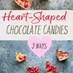 The easiest little no-bake heart shaped chocolate pomegranate candy bites, with three options for mixing up the flavors. Vegan friendly, gluten free, delicious and perfect for your Valentine.
