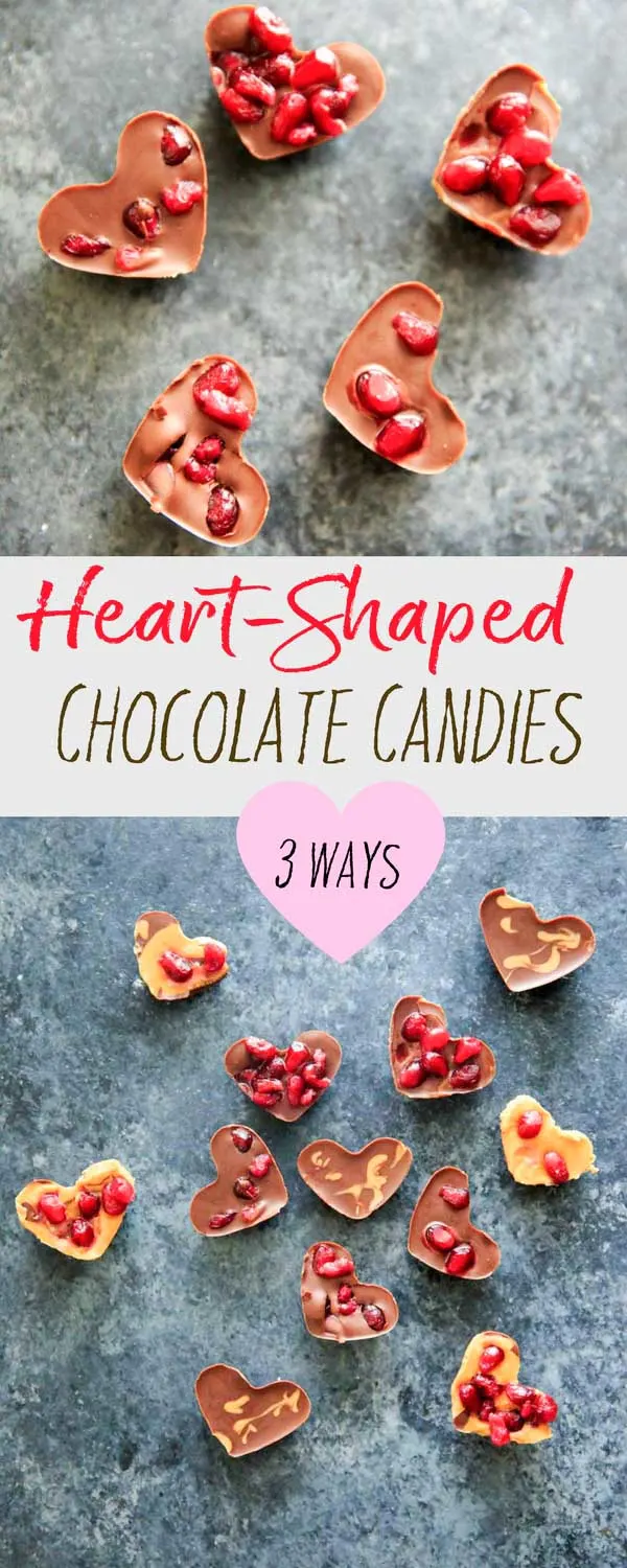 The easiest little no-bake heart shaped chocolate pomegranate candy bites, with three options for mixing up the flavors. Vegan friendly, gluten free, delicious and perfect for your Valentine.