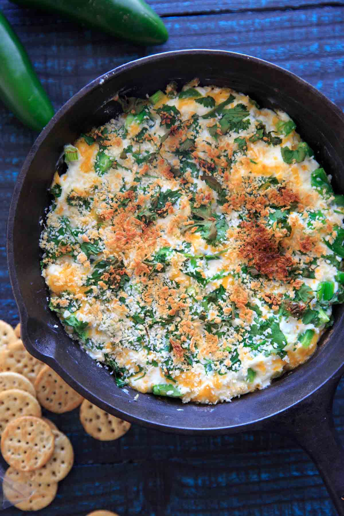 Jalapeno Popper Dip in a cast iron pan