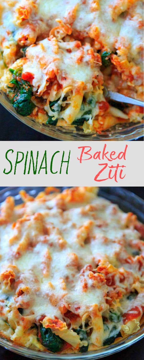 Spinach Baked Ziti Recipe - A meatless pasta casserole with greens that is sure to be a family favorite! Adapted from my grandma's baked ziti recipe and scaled down to 4 (generous) servings.