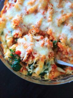 Spinach Baked Ziti Recipe - A meatless pasta casserole with greens that is sure to be a family favorite! Adapted from my grandma's baked ziti recipe and scaled down to 4 (generous) servings.