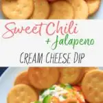 Sweet Chili Cream Cheese Dip. A super easy, 4 ingredient cheese ball appetizer that is perfect for a party snack or shareable dip. Sweet and spicy and delicious!