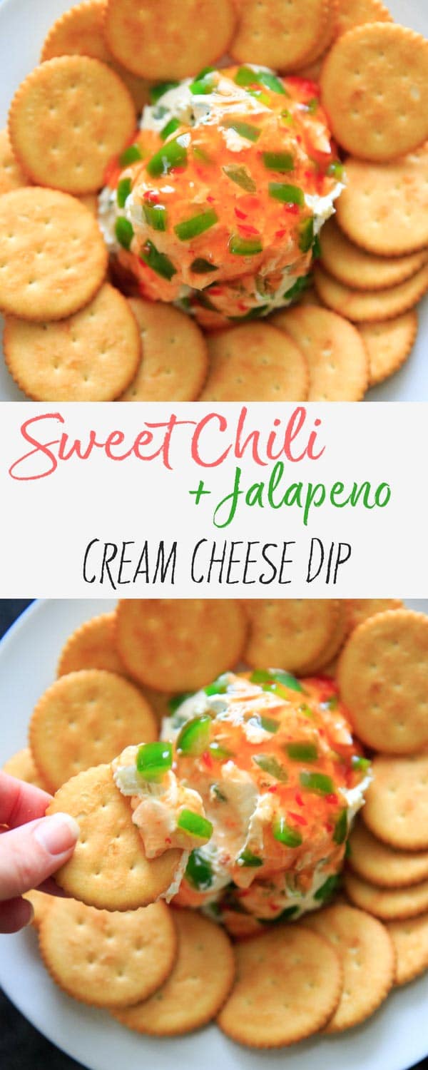Sweet Chili Cream Cheese Dip. A super easy, 4 ingredient cheese ball appetizer that is perfect for a party snack or shareable dip. Sweet and spicy and delicious!