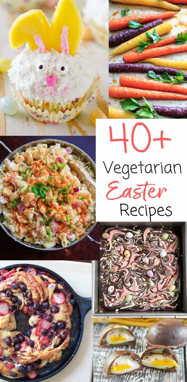 A list of vegetarian Easter recipe ideas for your holiday family brunch or gathering. From carrots to hard boiled eggs, to breads and even vegan desserts, you're sure to find something you like in this list!