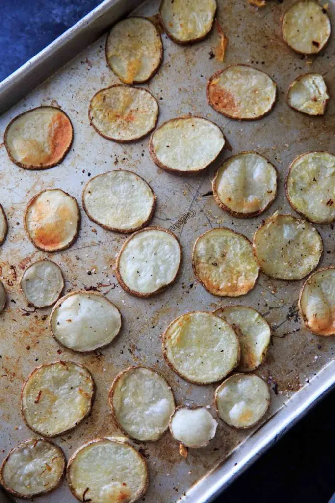 Irish Pub Potato Nachos - baking the sliced potatoes