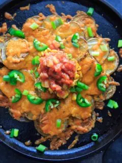 Irish Pub Potato Nachos Recipe - potato slices with cheddar cheese, jalapeno, green onion, corn salsa and tomato salsa