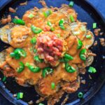 Irish Pub Potato Nachos Recipe - potato slices with cheddar cheese, jalapeno, green onion, corn salsa and tomato salsa (horizontal)