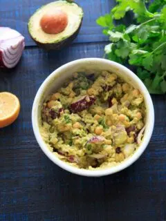 Smashed Avocado and Chickpea Salad in a bowl: picture with ingredients laid out