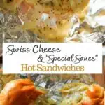 Oven-baked, foil-wrapped, ham-less Swiss Cheese Hot Slider Sandwiches! An easy vegetarian alternative for simple party food. The poppyseed, butter and onion sauce is the key! Great for tailgating, parties or other gatherings.
