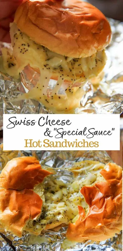 Oven-baked, foil-wrapped, ham-less Swiss Cheese Hot Slider Sandwiches! An easy vegetarian alternative for simple party food. The poppyseed, butter and onion sauce is the key! Great for tailgating, parties or other gatherings.